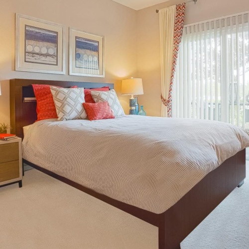 a bedroom with a bed and lamps