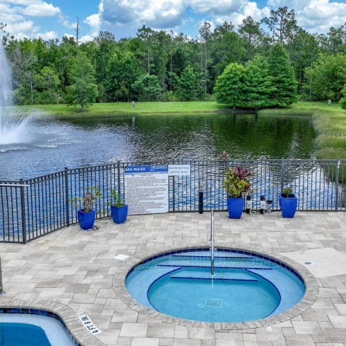 a pool with a fountain in it